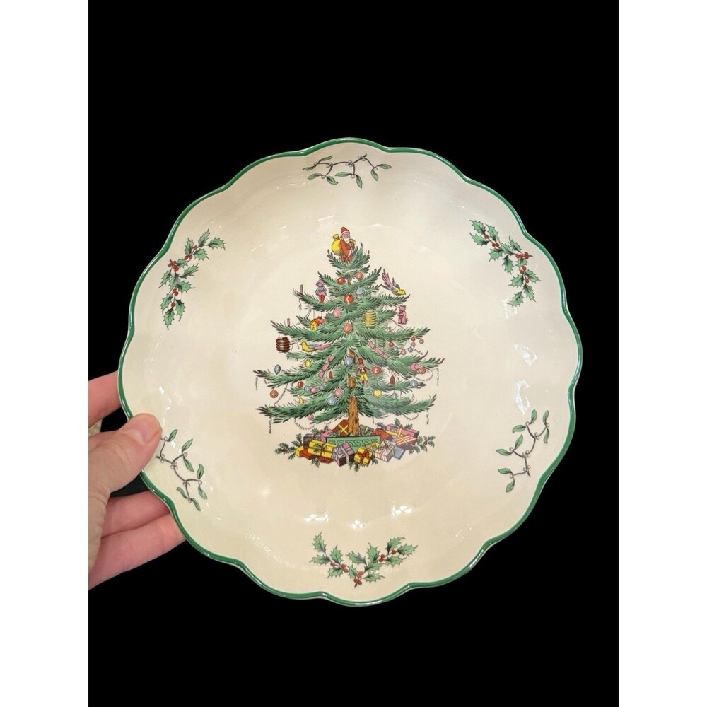 Spode Christmas Tree China With Green Trim Scalloped Round Serving Dish S 3324-U